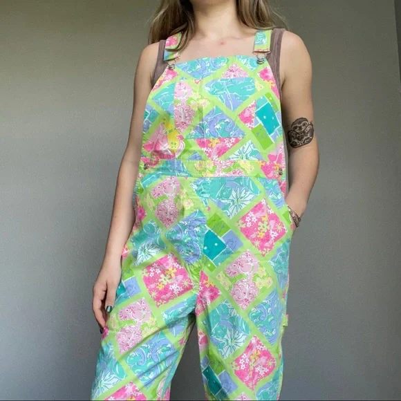 Vintage Lilly Pulitzer Women’s Multicolored Floral Cotton Summer Overalls Sz 8 - Picture 11 of 12